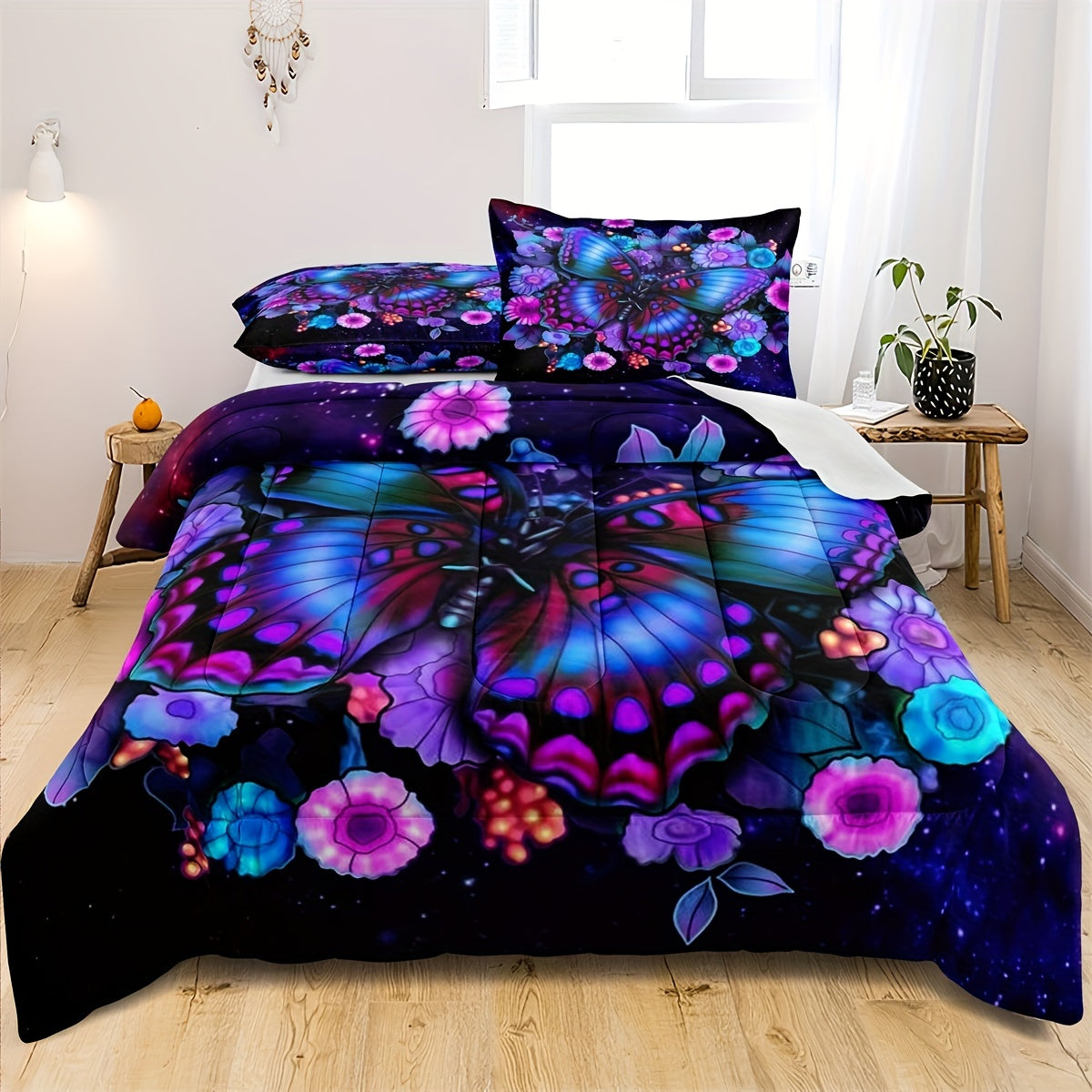 2/3pcs Butterfly Bedding Comforter Set Starry Sky Bedding Butterfly Floral Printed Pattern Quilt Bedding Set For Girls Bedroom All Season With Comforter And Pillowcases Purple Butterfly Comforter (1*Comforter + 1/2*Pillowcase, Without Core)