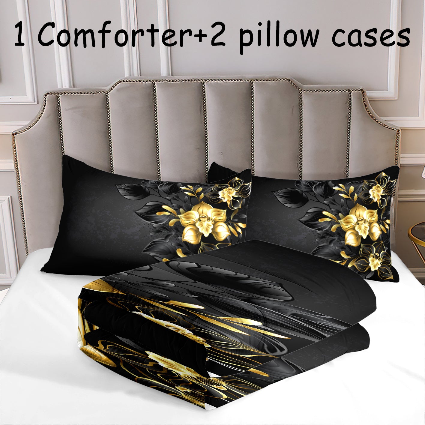 3pcs Fashion Luxury Comforter Set (1*Comforter + 2*Pillowcase, Without Core), Black And Golden Floral Print Bedding Set, Soft Comfortable And Skin-friendly Comforter For Bedroom, Guest Room