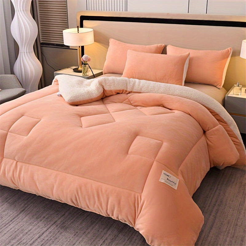 1pc Double-sided Velvet Sherpa Winter Comforter, Three-layer Thickened Winter Quilt, Warm And Comfortable, Skin-friendly And Soft, Home Living Room Bedroom Sofa Bed Student Dormitory Single Double Comforter, All Season Universal, Machine Washable