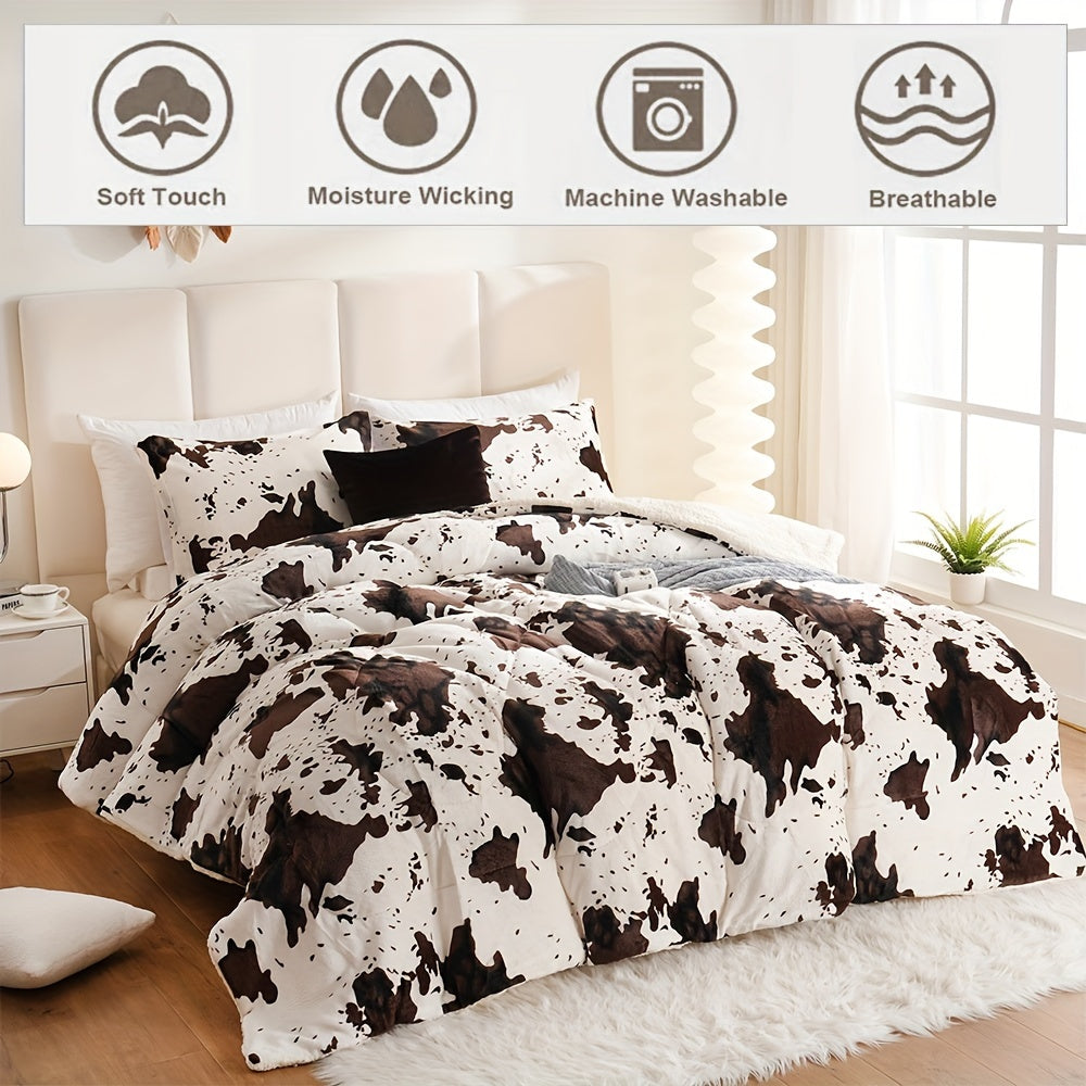 2/3pcs Fashion Warm Sherpa Comforter Set (1*Comforter + 1/2*Pillowcase, Without Core), Cow Print Bedding Set, Soft Comfortable And Skin-friendly Winter Thickened Comforter For Bedroom, Guest Room And Student Dorm