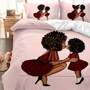 3pcs Comforter Set (1*Comforter + 2*Pillowcase, Without Core), Black Little Girl & Mom Print Bedding Set, Soft Comfortable And Skin-friendly Comforter For Bedroom, Guest Room