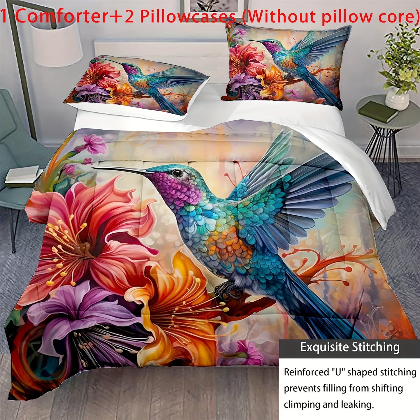 3pcs 100% Polyester Comforter Set (1*Comforter + 2*Pillowcase, Without Core), Aesthetic Flower And Bird Print Decorative Bedding Set, Soft Comfortable And Skin-friendly Comforter For Bedroom, Guest Room