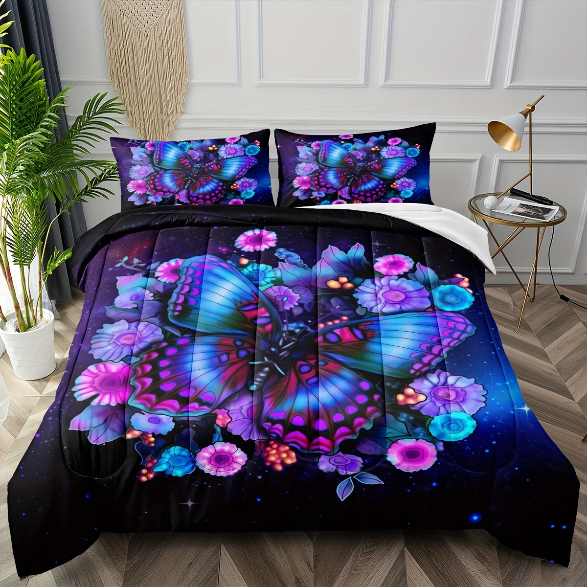 2/3pcs Butterfly Bedding Comforter Set Starry Sky Bedding Butterfly Floral Printed Pattern Quilt Bedding Set For Girls Bedroom All Season With Comforter And Pillowcases Purple Butterfly Comforter (1*Comforter + 1/2*Pillowcase, Without Core)