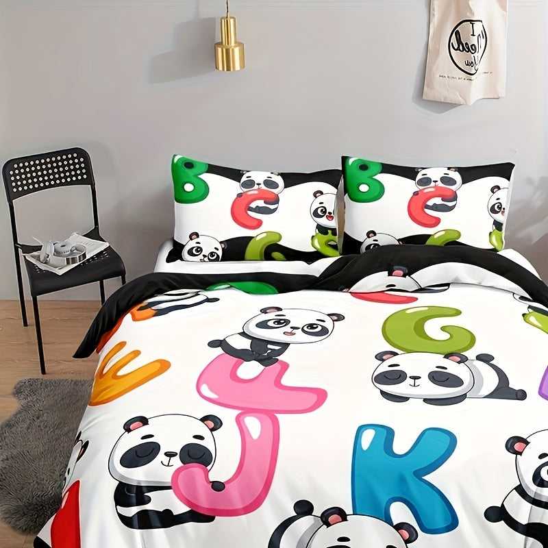 3pcs 100% Polyester Comforter Set (1*Comforter + 2*Pillowcase, Without Core), White Background Cute Panda Letters Print Boys And Girls Bedding Set, Soft Comfortable And Skin-friendly Comforter For Bedroom, Guest Room