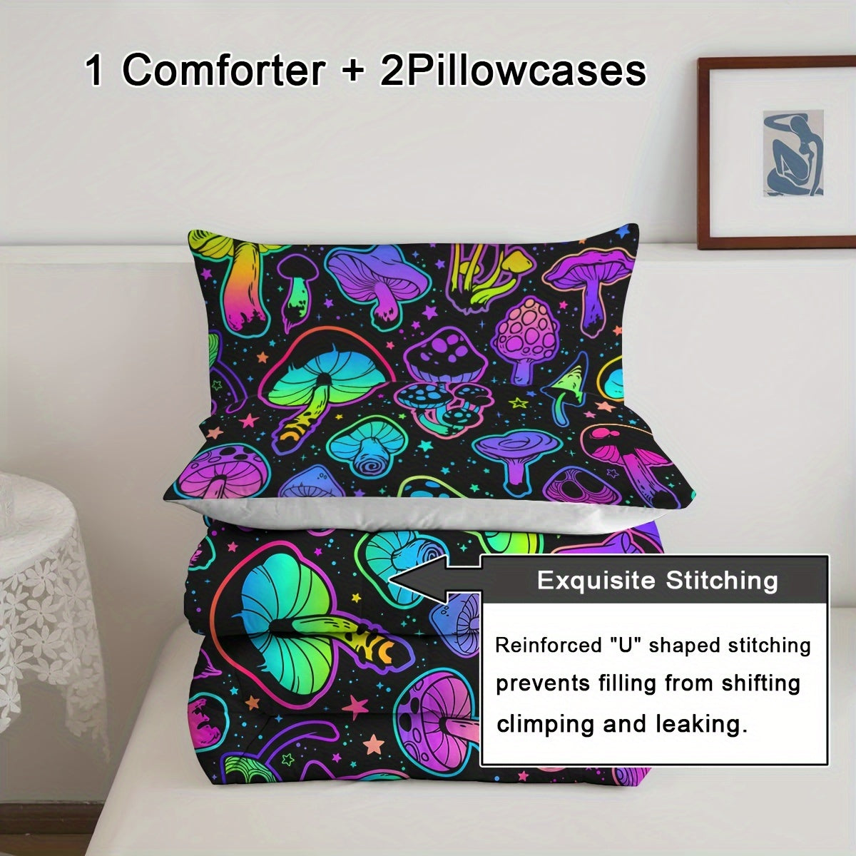 3pcs Fashion Comforter Set (1 Comforter + 2 Pillowcase, No Core), Mushroom Pattern Printed Comforter For All Seasons, Soft And Comfortable For Home Dorm Room Use