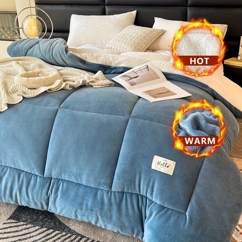 1pc Autumn And Winter Thickened Comforter, Warm Sherpa Quilted Plaid Comforter, Lightweight And Comfortable, Thickened And Soft, Heat Storage And Warmth, Suitable For Dorm, Hotel, Bedroom, Bedding, Available In All Seasons, Blue