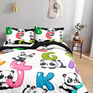 3pcs 100% Polyester Comforter Set (1*Comforter + 2*Pillowcase, Without Core), White Background Cute Panda Letters Print Boys And Girls Bedding Set, Soft Comfortable And Skin-friendly Comforter For Bedroom, Guest Room