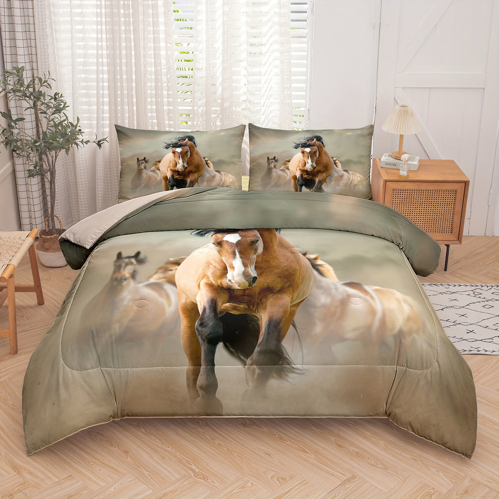 2/3pcs Modern Comforter Set, 3D Running Horse Print Bedding Set, Soft Comfortable And Skin-friendly Comforter For Bedroom, Guest Room (1*Comforter + 1/2*Pillowcase, Without Core)