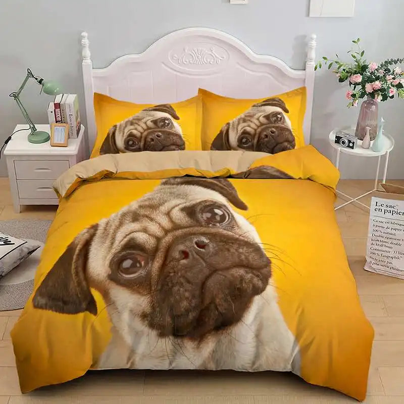 3D Cute Dog Duvet Cover Set Bedding  Pug King Queen Bed   Comforter