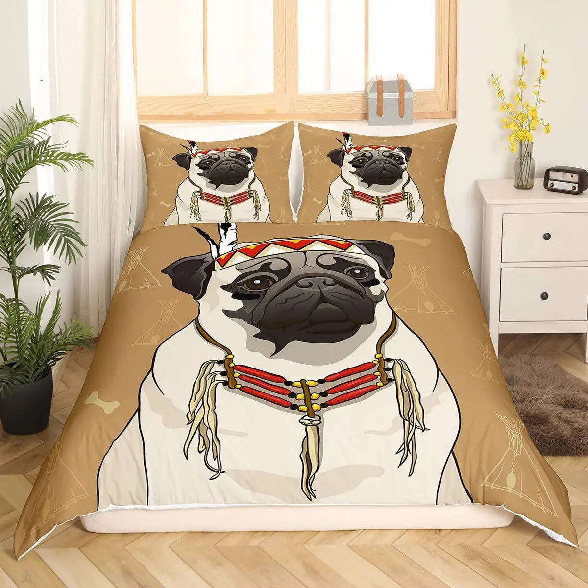 Cartoon Pug Dog Duvet Cover Set Cute Dog Theme Bedding Set King Queen Size Soft Comforter Cover for Kids Polyester Bedclothes
