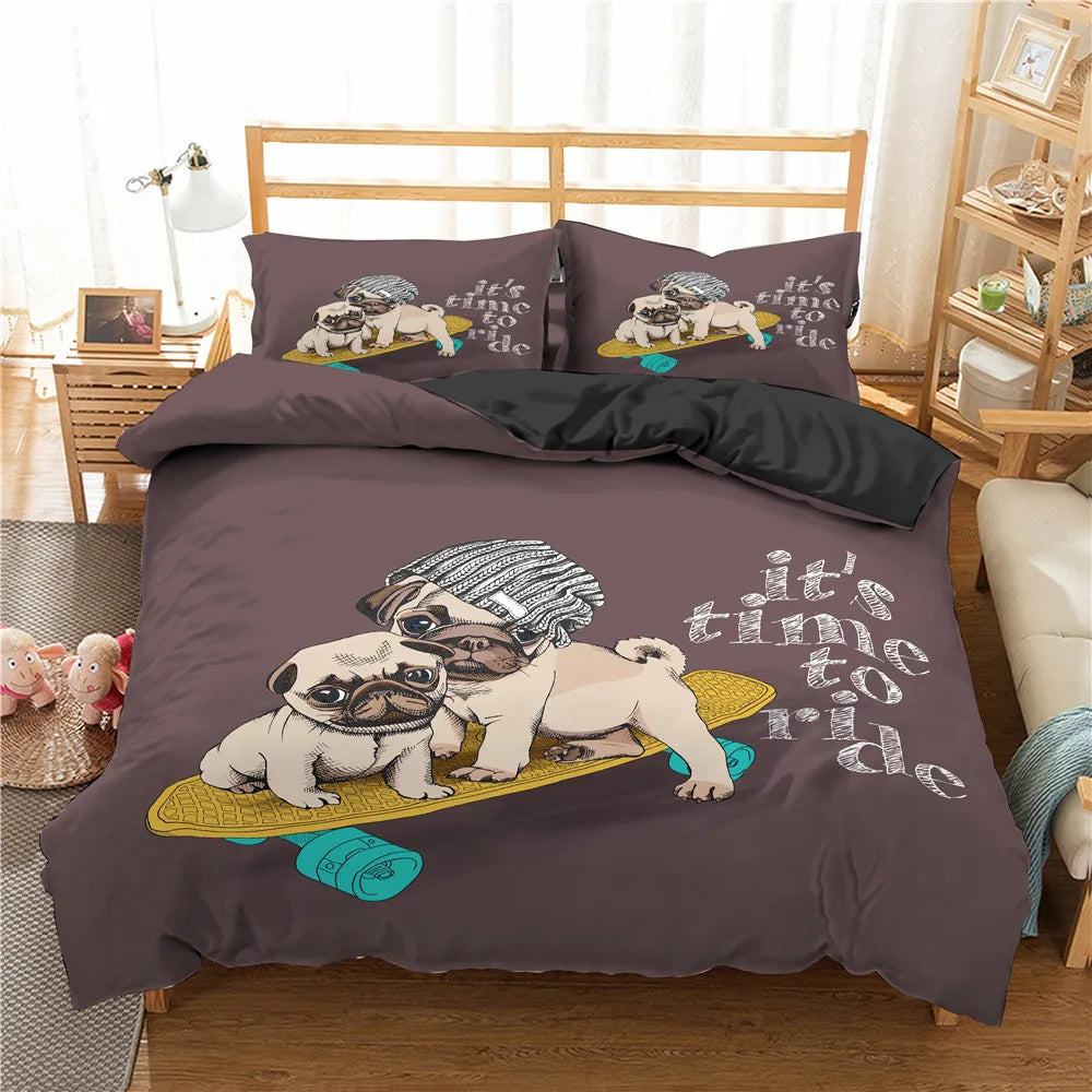 Cartoon Pug Dog Duvet Cover Set Cute Dog Theme Bedding Set King Queen Size Soft Comforter Cover for Kids Polyester Bedclothes