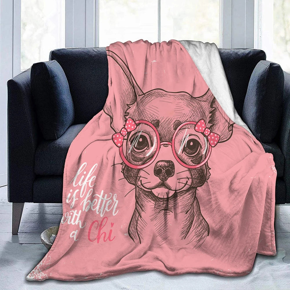 Cute Chihuahua Dog Blanket Warm Plush Throw Bedspread Shawl for Bed Sofa Animal Print Flannel Blankets Fluffy Soft Cozy Thermal