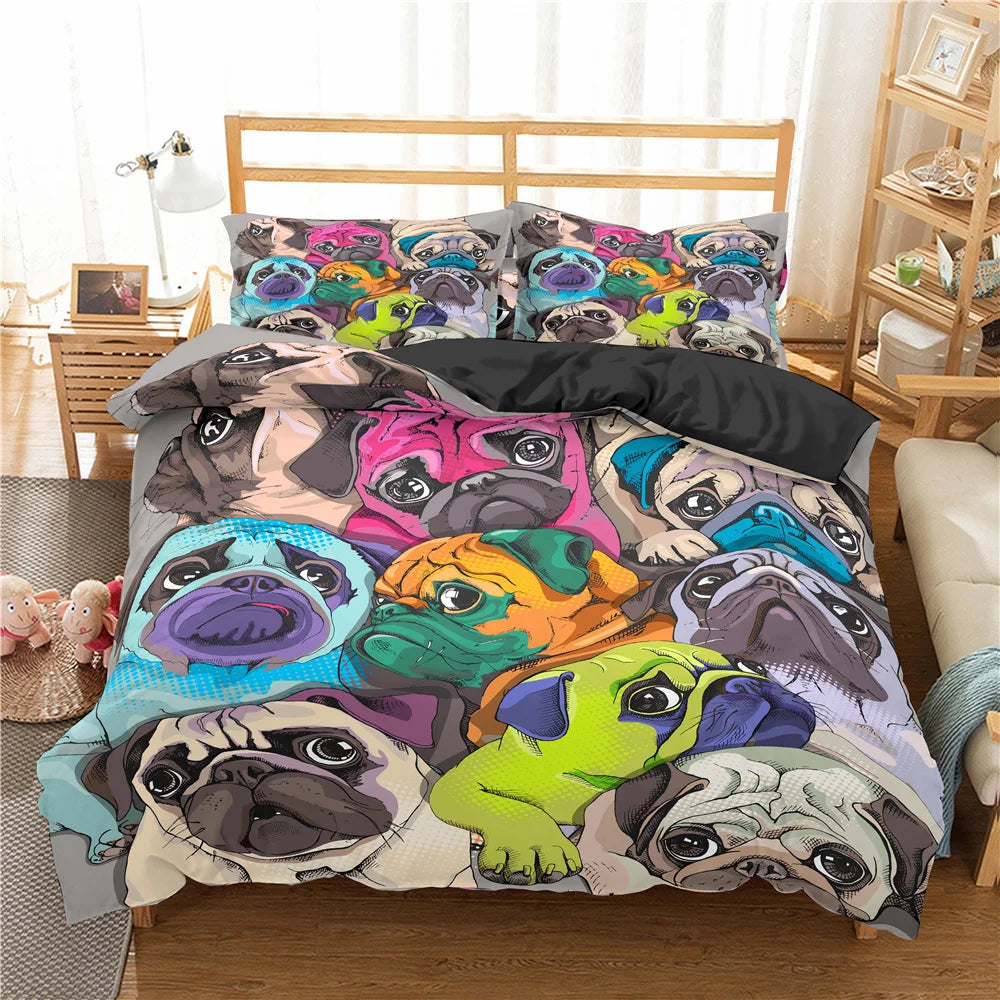 Cute Animal Bedding Set Cartoon Pug Dog Duvet Cover Sets Kids Comforter Cover Queen King Twin Single Size Polyester Quilt Cover