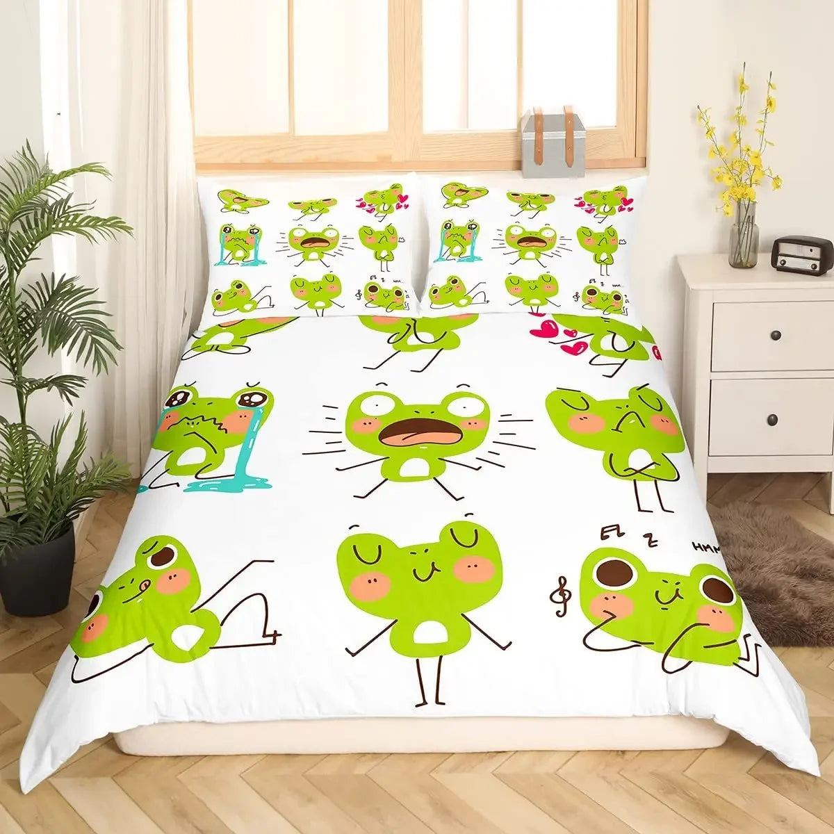 Cartoon Frog Duvet Cover Set Light Green Cartoon Frogs Cute Dragonfly Animal Bedding Set for Kid Twin Size Polyester Quilt Cover