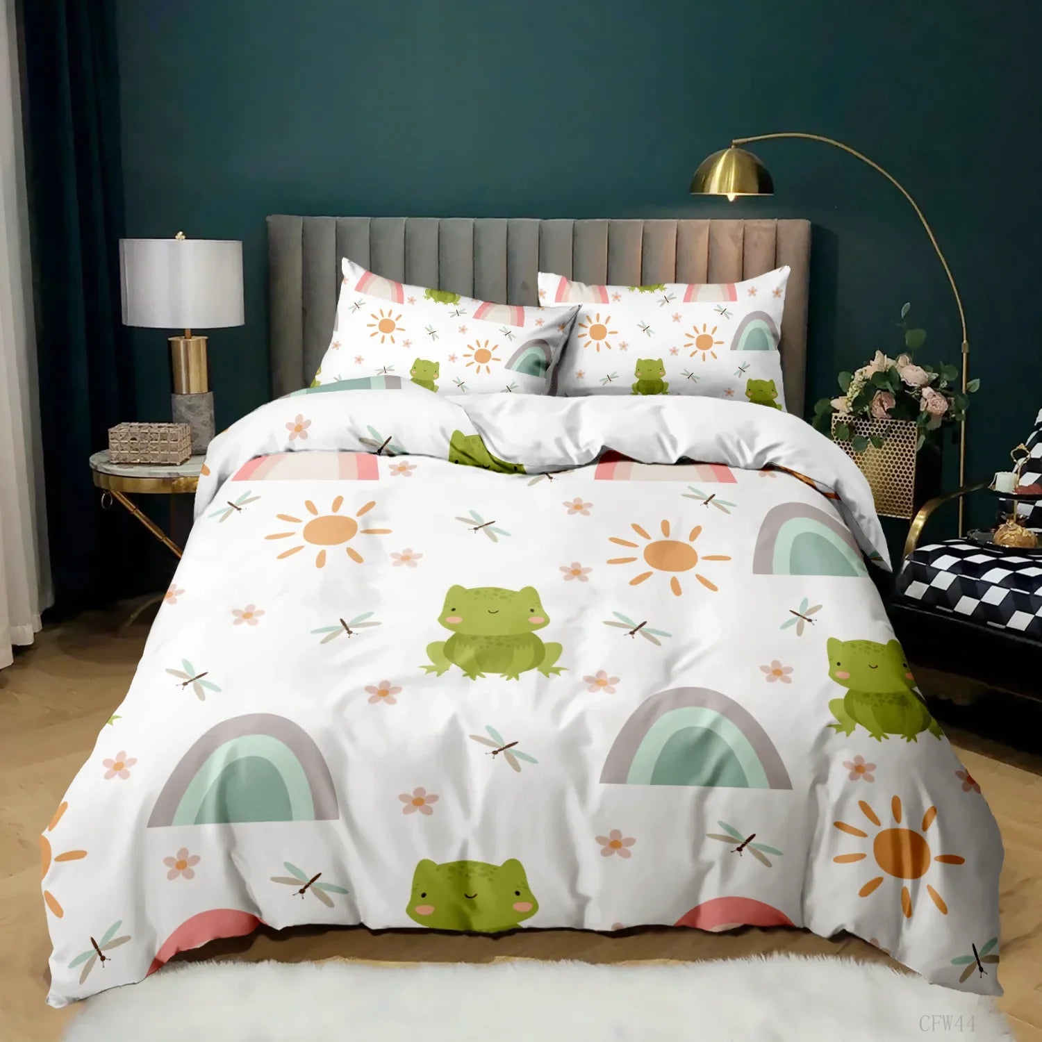 Cartoon Frog Duvet Cover Set Light Green Cartoon Frogs Cute Dragonfly Animal Bedding Set for Kid Twin Size Polyester Quilt Cover