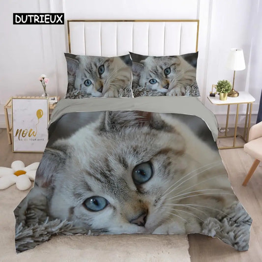 Cat Duvet Cover Set Lovely Animal Kitten Printed Quilt Cover Kids Teens Girl Animal Double Queen King Size Polyester Bedding Set
