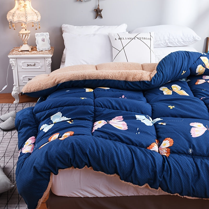 1pc Butterfly Print Sherpa Comforter Insert - All Season Quilted Ultra Soft Breathable Comforter, Box Stitch Comforter, Machine Washable Bedroom Warm Autumn And Winter Comforter