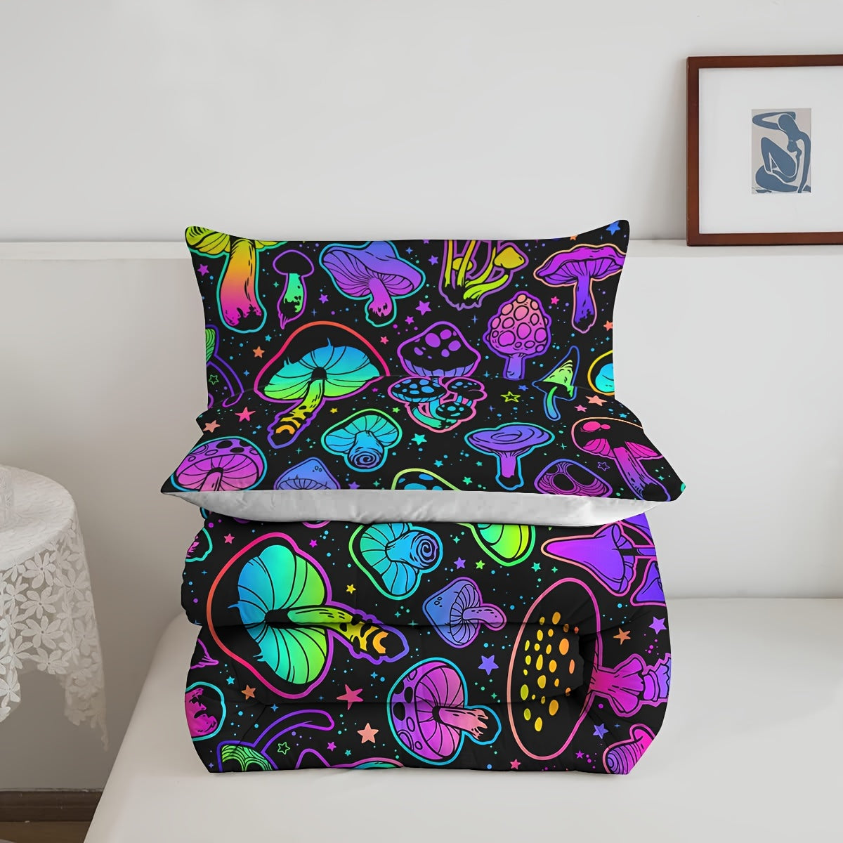 3pcs Fashion Comforter Set (1 Comforter + 2 Pillowcase, No Core), Mushroom Pattern Printed Comforter For All Seasons, Soft And Comfortable For Home Dorm Room Use