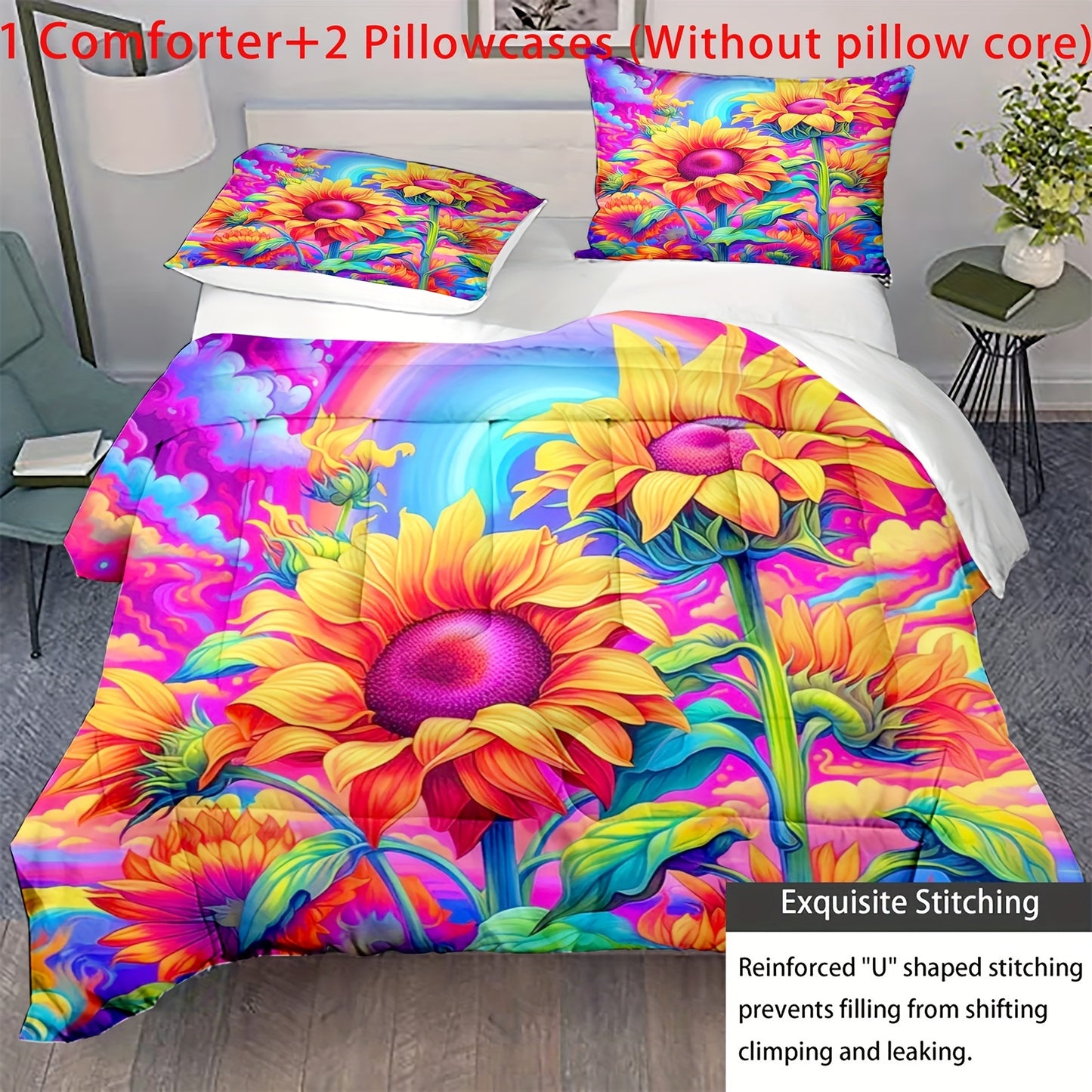 3pcs Polyester Comforter Set (1*Comforter + 2*Pillowcase, Without Core), Color Painting Sunflower Print Bedding Set, Soft Comfortable And Skin-friendly Comforter For Bedroom, Guest Room