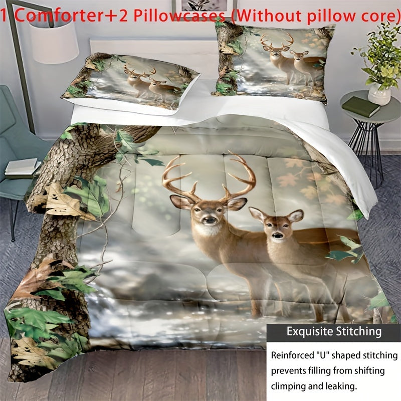 3pcs 100% Polyester Comforter Set (1*Comforter + 2*Pillowcase, Without Core), Forest Deer Print Animal Theme Bedding Set For Family And Friends, Soft Comfortable And Skin-friendly Comforter For Bedroom, Guest Room