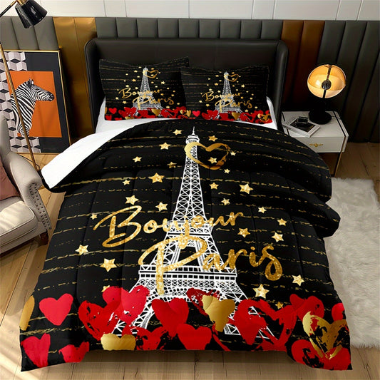 3pcs Valentine's Day Comforter Set (1*Comforter + 2*Pillowcase, Without Core), Eiffel Tower Love Heart Golden Star Print Bedding Set, Soft Comfortable And Skin-friendly Comforter For Bedroom, Guest Room