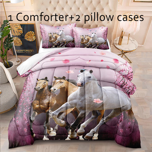 3pcs Running Horse Print Comforter Set, Soft Comfortable Skin-friendly Bedding Set, For Bedroom Guest Room Dorm, All Season Home Decor (1*Comforter + 2*Pillowcase, Without Core)