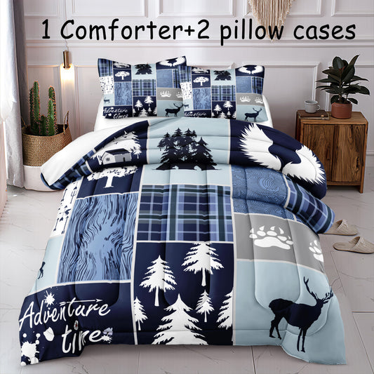 3pcs Fashion Comforter Set, Blue Rustic Style Forest Deer Print Bedding Set, Soft Comfortable And Skin-friendly Comforter For Bedroom, Guest Room (1*Comforter + 2*Pillowcase, Without Core)