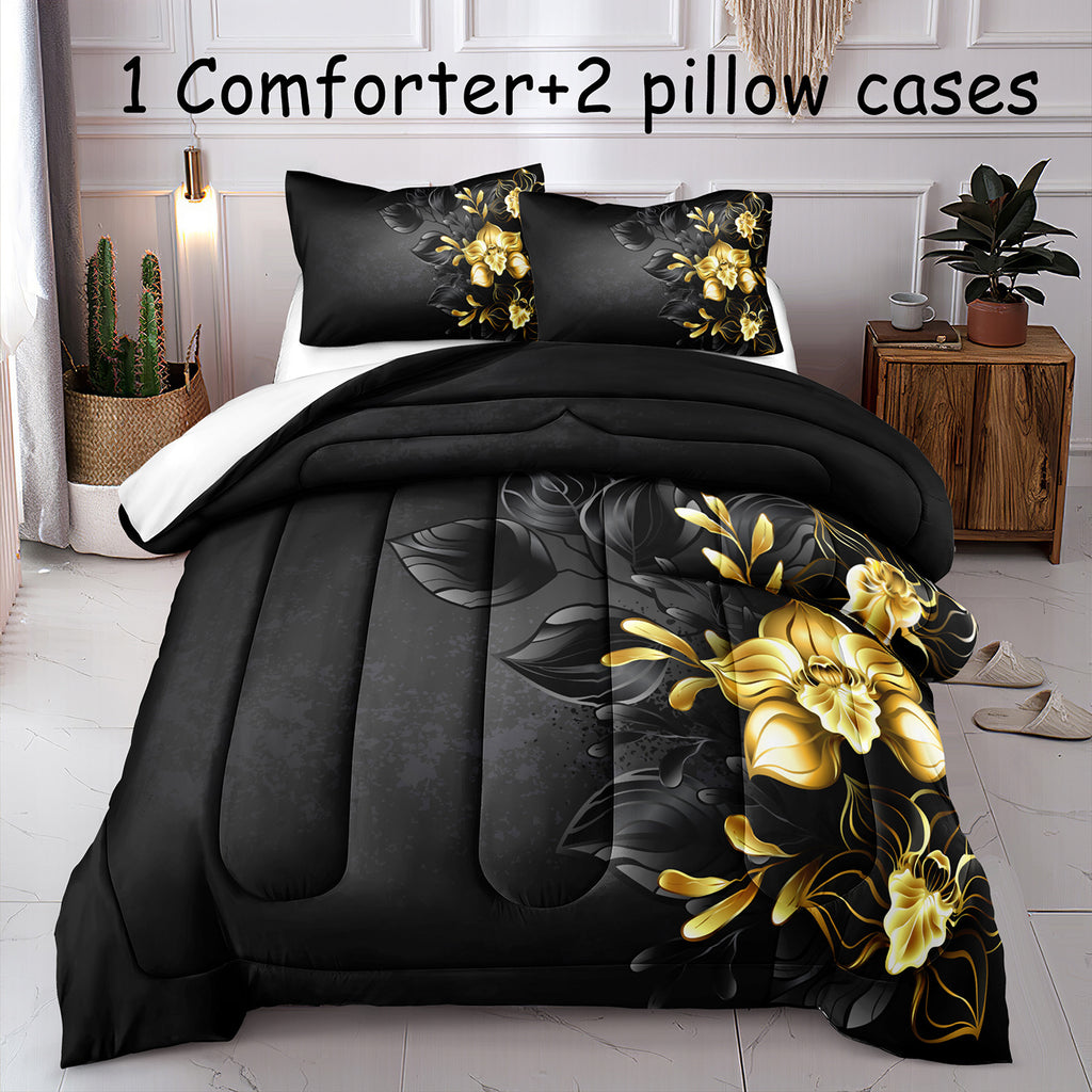 3pcs Fashion Luxury Comforter Set (1*Comforter + 2*Pillowcase, Without Core), Black And Golden Floral Print Bedding Set, Soft Comfortable And Skin-friendly Comforter For Bedroom, Guest Room