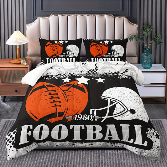 3pcs Sport Theme Comforter Set (1*Comforter + 2*Pillowcase, Without Core), Rugby Football Print Bedding Set, Soft Comfortable And Skin-friendly Comforter For Bedroom, Guest Room