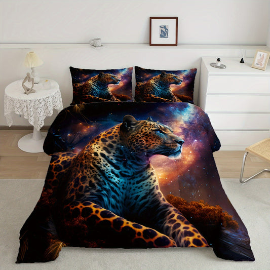 3pcs Starry Sky Leopard Comforter (1 Comforter + 2 Pillowcases, Coreless), Suitable For All Seasons, Soft And Comfortable Bedding, Suitable For Home Dormitory Decor, Breathable Wild Animal Printed Comforter
