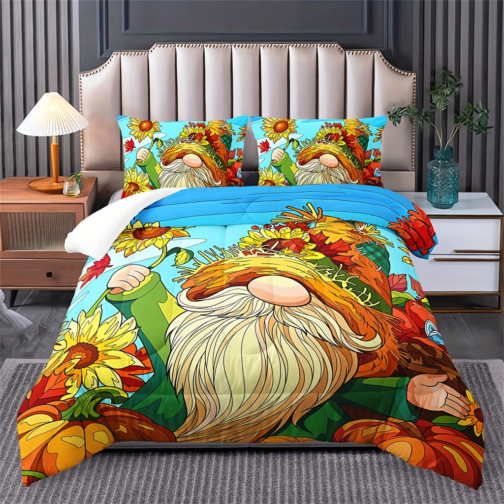 3pcs 100% Polyester Comforter Set (1*Comforter + 2*Pillowcase, Without Core), Take Sunflower Dwarf Man Print Bedding Set, Soft Comfortable And Skin-friendly Comforter For Bedroom, Guest Room