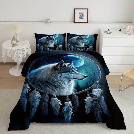 3pcs Wolf And Dreamcatcher Comforter (1 Comforter + 2 Pillowcases, Coreless), Suitable For All Seasons, Soft And Comfortable Bedding, Suitable For Home Dormitory Decor, Breathable Wild Animal Printed Comforter