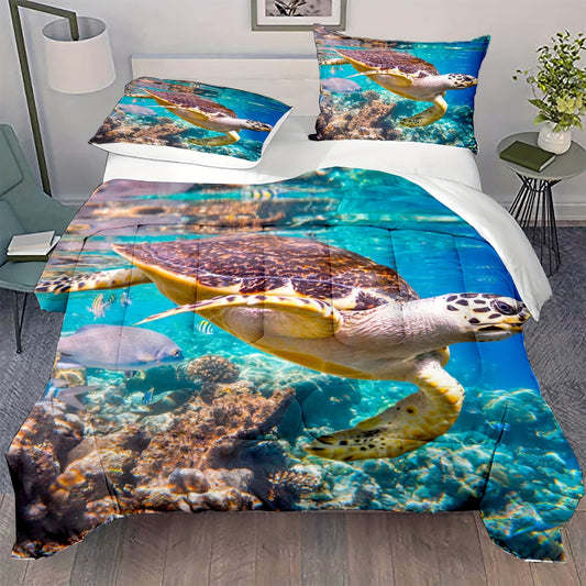 3pcs Polyester Comforter Set (1*Comforter + 2*Pillowcase, Without Core), Ocean Theme Sea Turtle 3D Print Bedding Set, Soft Comfortable And Skin-friendly Comforter For Bedroom, Guest Room