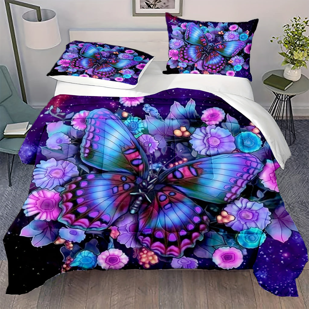 3pcs 100% Polyester Comforter Set (1*Comforter + 2*Pillowcase, Without Core), Aesthetic Purple Flower And Butterfly Print Bedding Set, Soft Comfortable And Skin-friendly Comforter For Bedroom, Guest Room