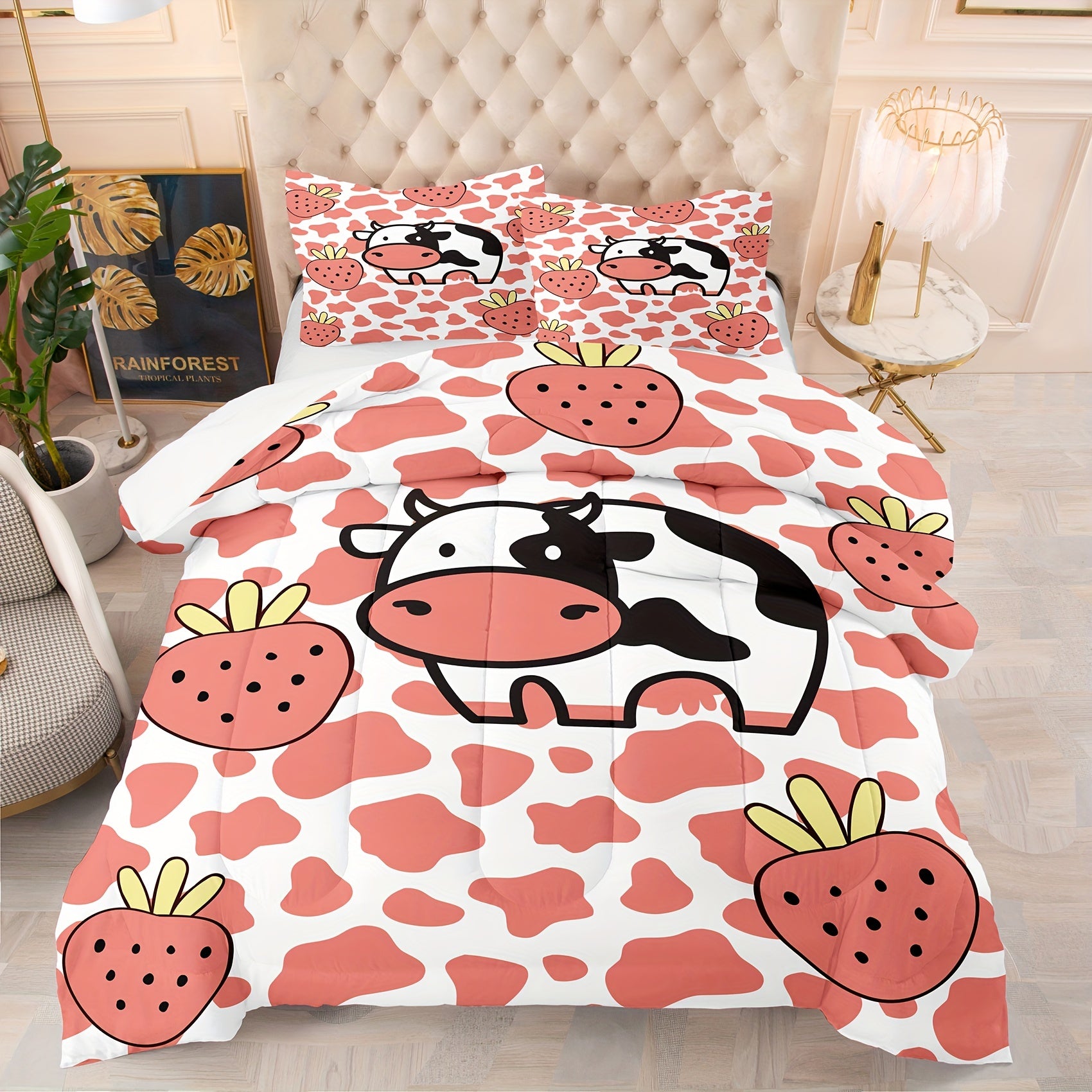 2/3pcs Modern Fashion Comforter Set, Cute Cartoon Cow Strawberry Print Bedding Set, Soft Comfortable And Skin-friendly Comforter For Bedroom, Guest Room (1*Comforter + 1/2*Pillowcase, Without Core)