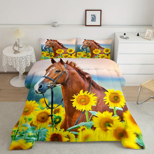 3pcs Wild Animal Comforter Set (1*Comforter + 2*Pillowcase, Without Core), 3D Sunflower Horse Print All Season Bedding Set, Soft Comfortable And Skin-friendly Comforter For Bedroom, Guest Room