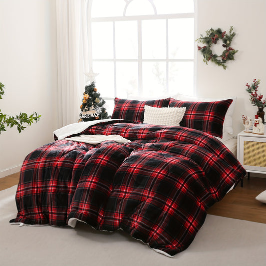 2/3pcs Fashion Warm Sherpa Comforter Set (1*Comforter + 1/2*Pillowcase, Without Core), Red Plaid Print Bedding Set, Soft Comfortable And Skin-friendly Winter Thickened Comforter For Bedroom, Guest Room And Student Dorm