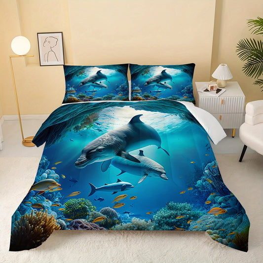 3pcs Polyester Comforter Set (1*Comforter + 2*Pillowcase, Without Core), Ocean Dolphin 3D Print Bedding Set, Soft Comfortable And Skin-friendly Comforter For Bedroom, Guest Room