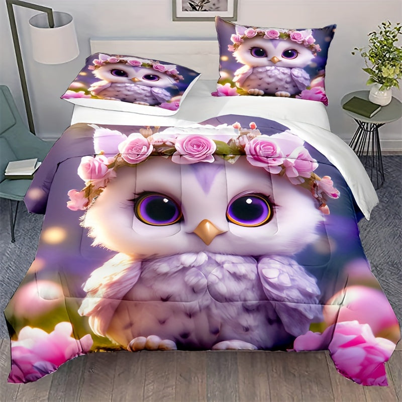 3pcs 100% Polyester Comforter Set (1*Comforter + 2*Pillowcase, Without Core), Cartoon Cute Owl 3D Print Bedding Set, Soft Comfortable And Skin-friendly Comforter For Bedroom, Guest Room