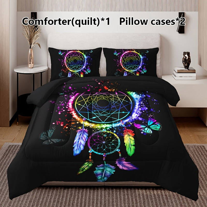 3pcs Colorful Dreamcatcher Butterfly Quilt Set (1 Quilt + 2 Pillowcase Without Pillow Insert), All Season Quilted Bedding Soft Comfortable Breathable Print Quilt For Home Dorm