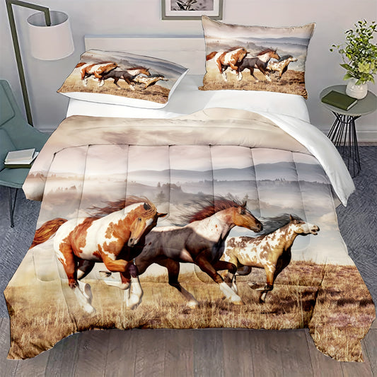 3pcs Polyester Comforter Set (1*Comforter + 2*Pillowcase, Without Core), Running Horse 3D Print Animal Theme Bedding Set, Soft Comfortable And Skin-friendly Comforter For Bedroom, Guest Room