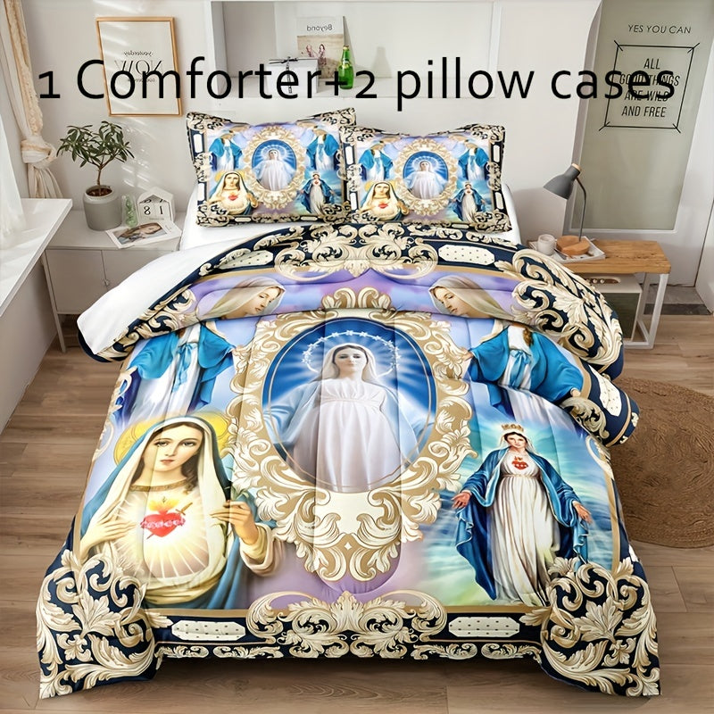 3pcs Virgin Print Comforter Set, Soft Comfortable Skin-friendly Bedding Set, For Bedroom Guest Room Dorm, All Season Home Decor (1*Comforter + 2*Pillowcase, Without Core)