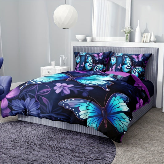 3pcs American Luxury Polyester Comforter Set (1*Comforter + 2*Pillowcase, Without Core), Purple Butterfly And Flower Print Bedding Set, Soft Comfortable And Skin-friendly Comforter For Bedroom, Guest Room
