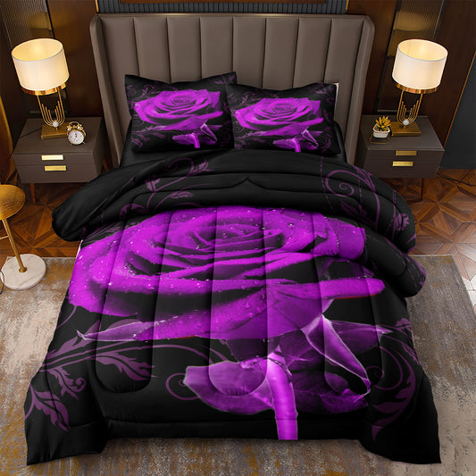 3pcs Purple Rose Print Comforter Set, Soft Comfortable Skin-friendly Bedding Set, For Bedroom Guest Room Dorm, All Season Home Decor (1*Comforter + 2*Pillowcase, Without Core)