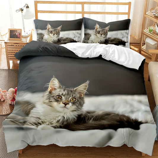 3pcs Fashion Comforter Set (1*Comforter + 2*Pillowcase, Without Core), Grey 3D Cute Cat Boys & Girls Super Soft And Comfortable Bedding Digital Print Comforter Core For Bedroom, Guest Room