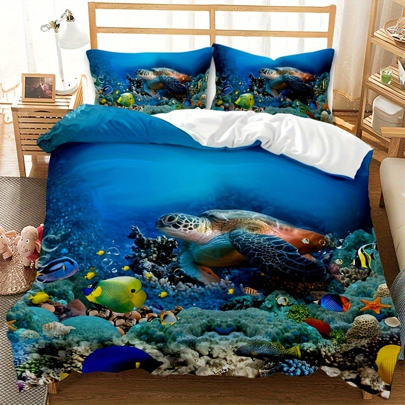 3pcs Fashion 100% Polyester Comforter Set (1*Comforter + 2*Pillowcase, Without Core), Blue Sea Turtle Starfish Little Fish Print Bedding Set, Soft Comfortable And Skin-friendly Comforter For Bedroom, Guest Room