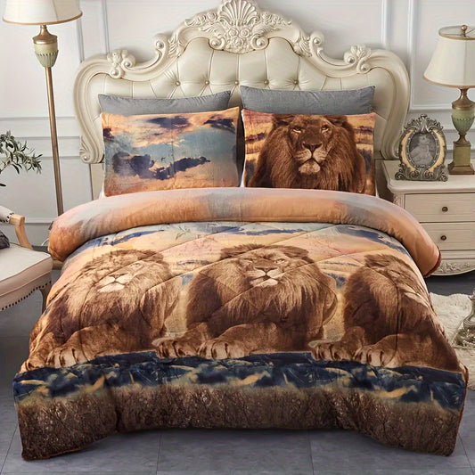 3pcs Fashion Flannel Fleece Comforter Set (1*Comforter + 2*Pillowcase, Without Core), 3D Wild Lion Print Bedding Set, Soft Comfortable And Skin-friendly Comforter For Bedroom, Guest Room