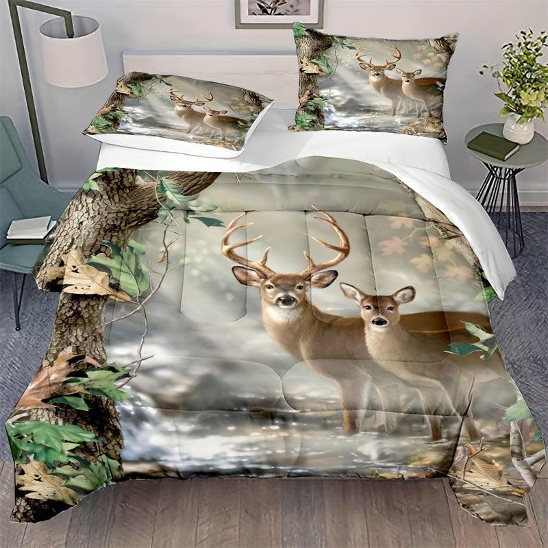 3pcs 100% Polyester Comforter Set (1*Comforter + 2*Pillowcase, Without Core), Forest Deer Print Animal Theme Bedding Set For Family And Friends, Soft Comfortable And Skin-friendly Comforter For Bedroom, Guest Room