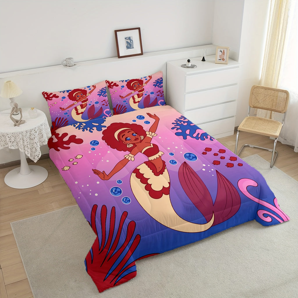 3pcs Cartoon Mermaid Comforter (1 Comforter + 2 Pillowcases, Coreless), Suitable For All Seasons, Soft And Comfortable Bedding, Suitable For Home Dormitory Decor, Breathable Printed Comforter