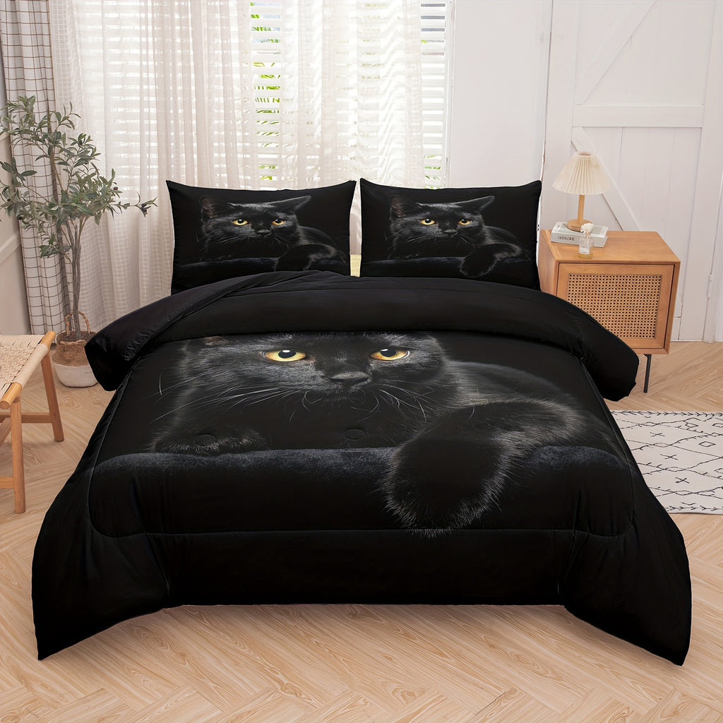 2/3pcs Modern Fashion Comforter Set, Black Cat Print Bedding Set, Soft Comfortable And Skin-friendly Comforter For Bedroom, Guest Room (1*Comforter + 1/2*Pillowcase, Without Core)